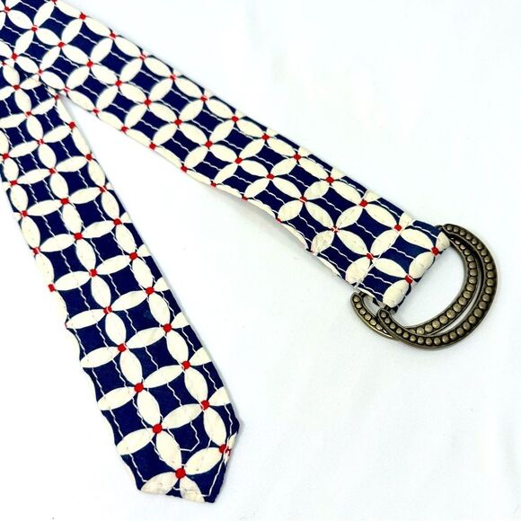 J. Crew Blue Red White Geometric Floral 100% Cotton Slide Buckle Fabric Belt - Picture 13 of 14